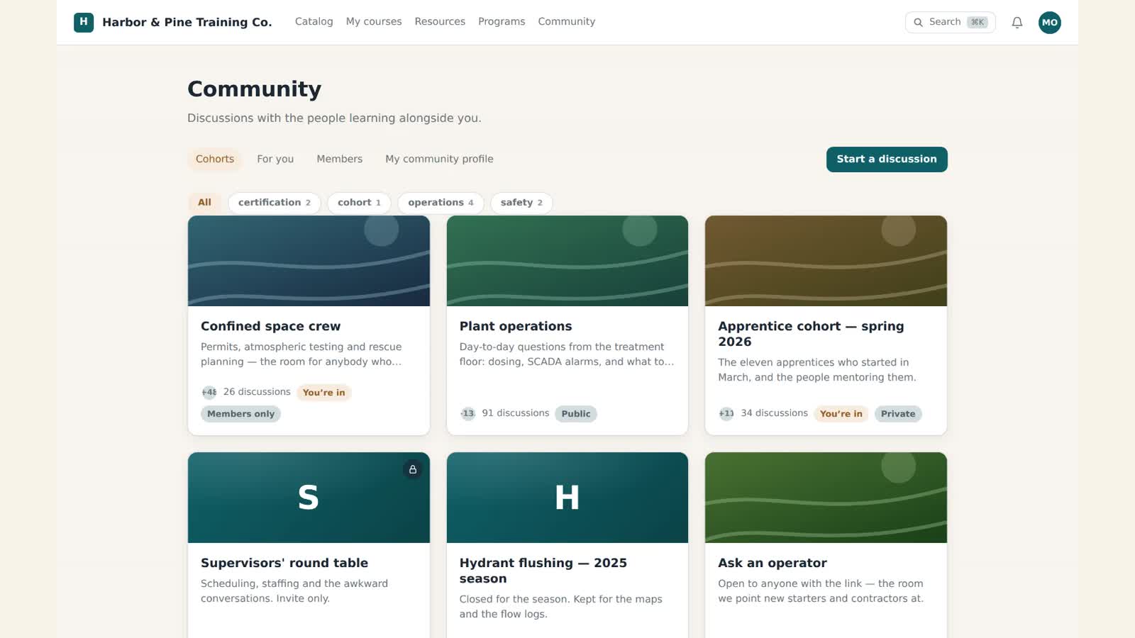 The community home page, signed in